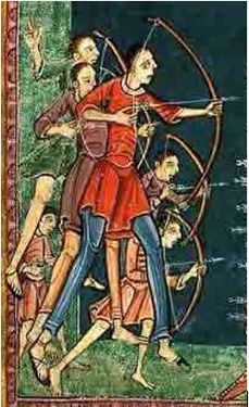 Bow with terminals that point towards the shooter (deflexed). (Pierpoint-Morgan Lib. M. 736 fol.14, AD 1130)